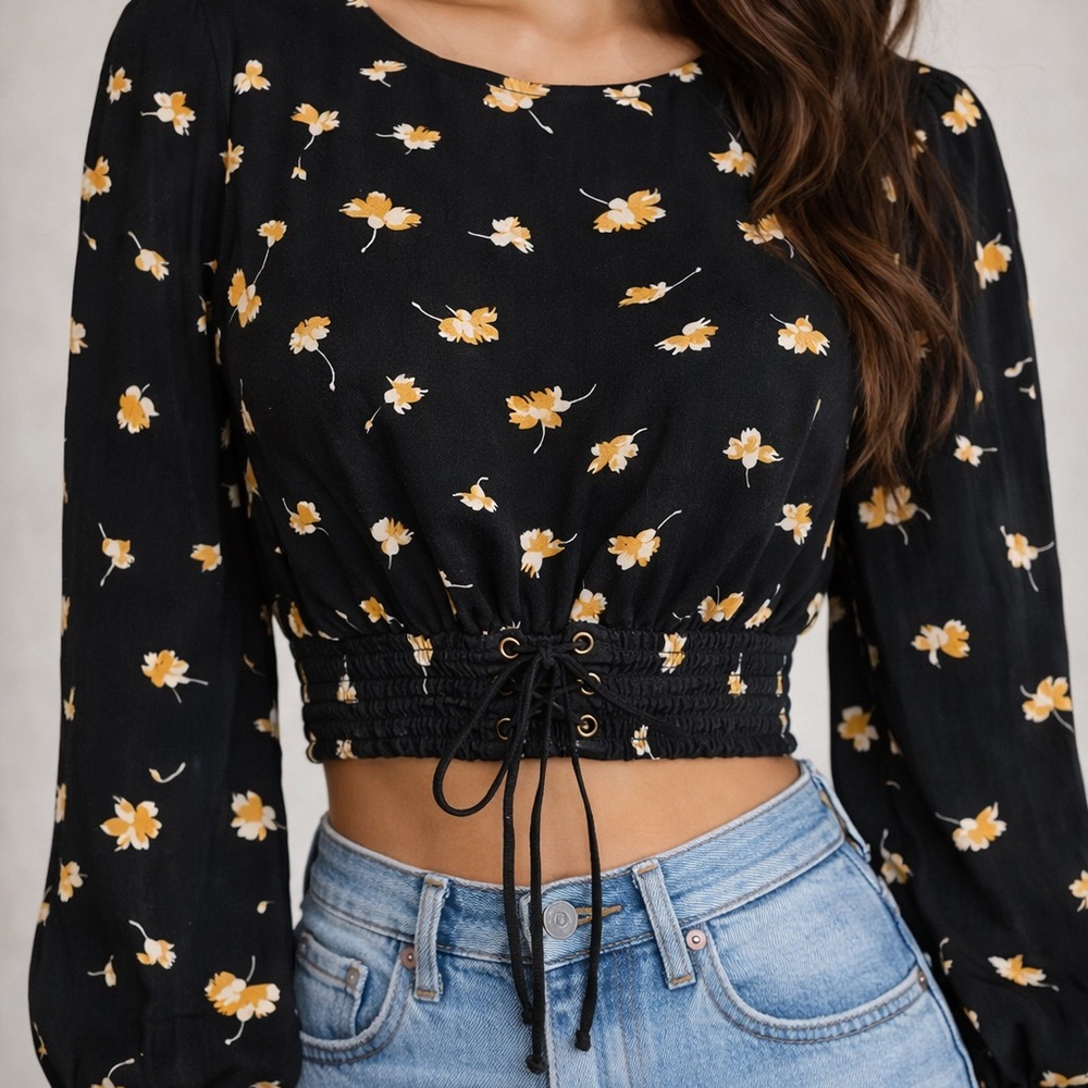 love, Fire Black and Yellow Floral Crop Top